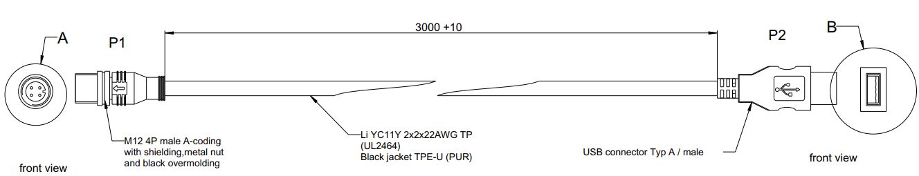 Kabelis M12 Usb Male Type A 3M